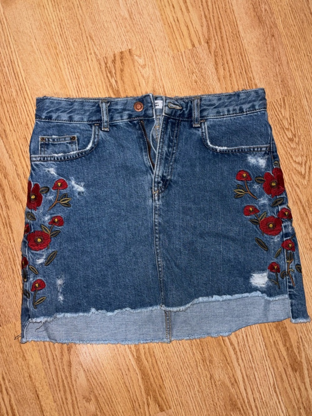 Zara Denim Mini Skirt with Red Floral Embroidery
